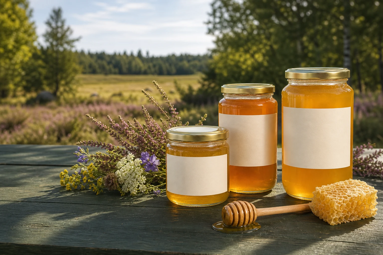 Illustrasjonsfoto av tre glass med norsk honning, lyng og villblomster